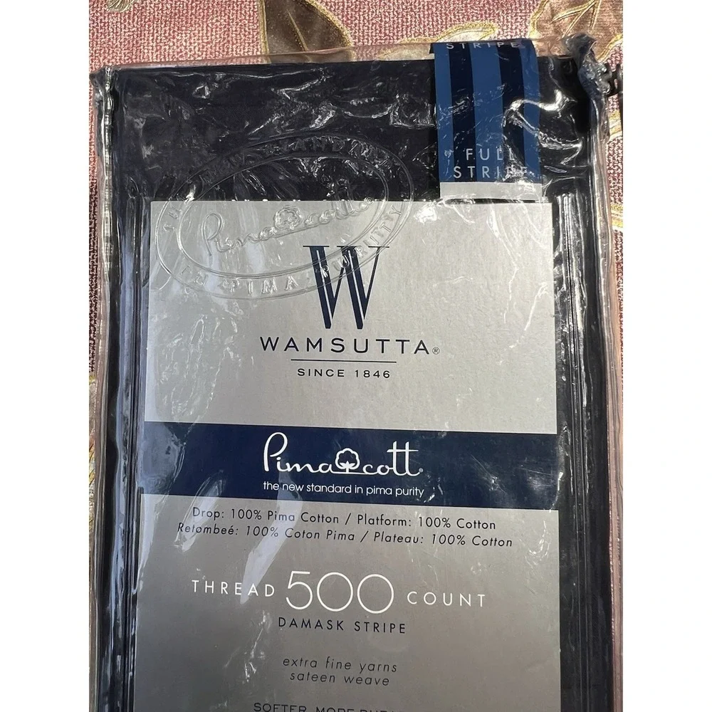 Wamsutta Pima Cotton Stripe Navy  Damask Stripe Full Bed Skirt 500 Thread Count